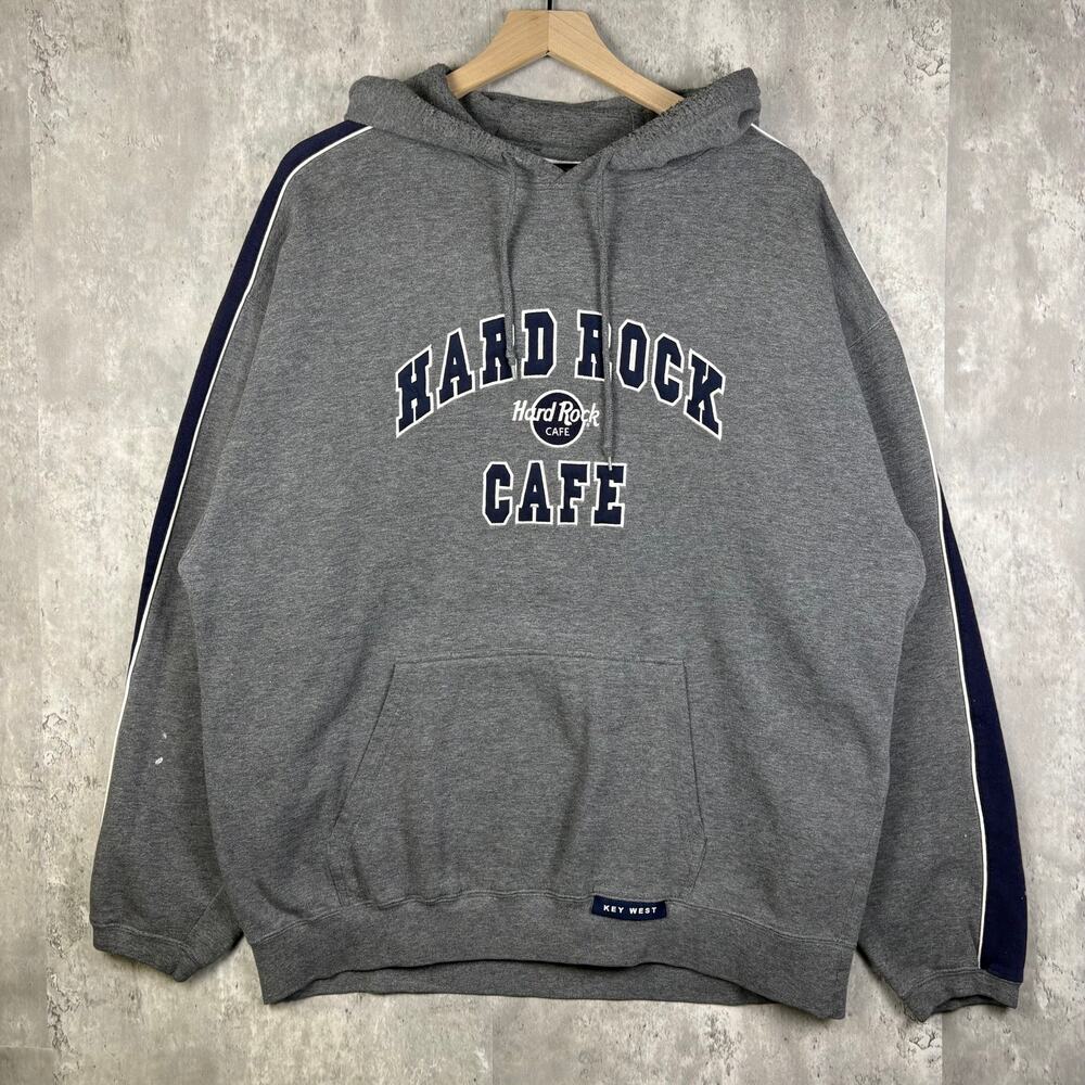 Y2K Hard Rock Cafe Mens Grey + Navy Blue Striped Hoodie X-L